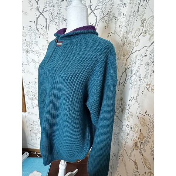 London Fog Women's Sweater 100% Wool Button‎ Accent Oversized Collared Teal Sz L - Picture 1 of 8